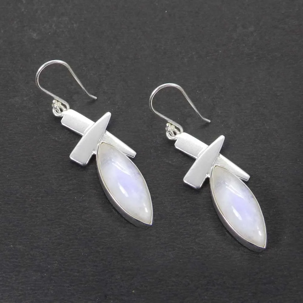 Natural Rainbow Moonstone  925 Sterling Silver Bezel Setting Dangle Earrings