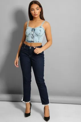 Navy Mid-Rise Crochet Lace Hem Jeans