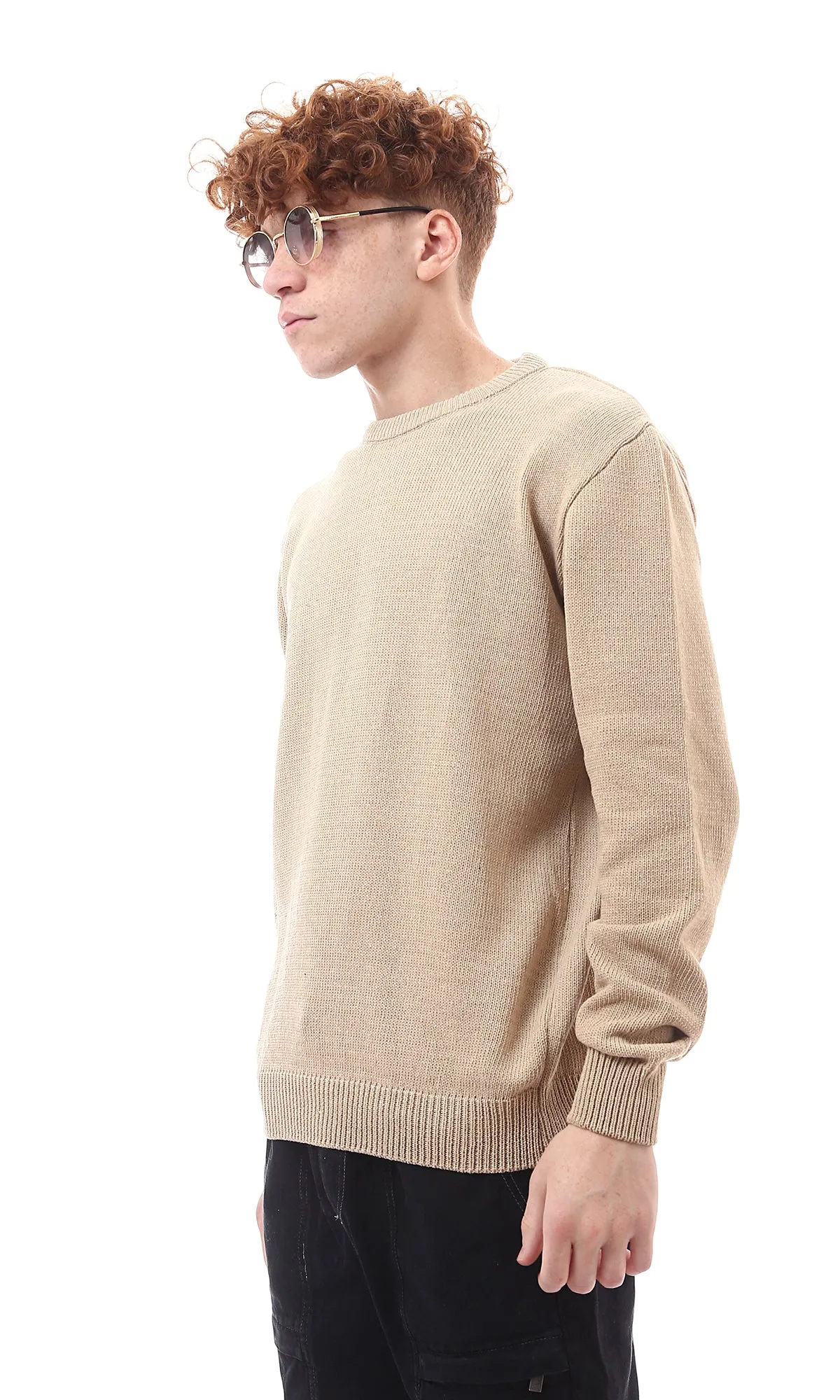 O174205 Ribbed Crew Neck & Hem Dark Beige Pullover