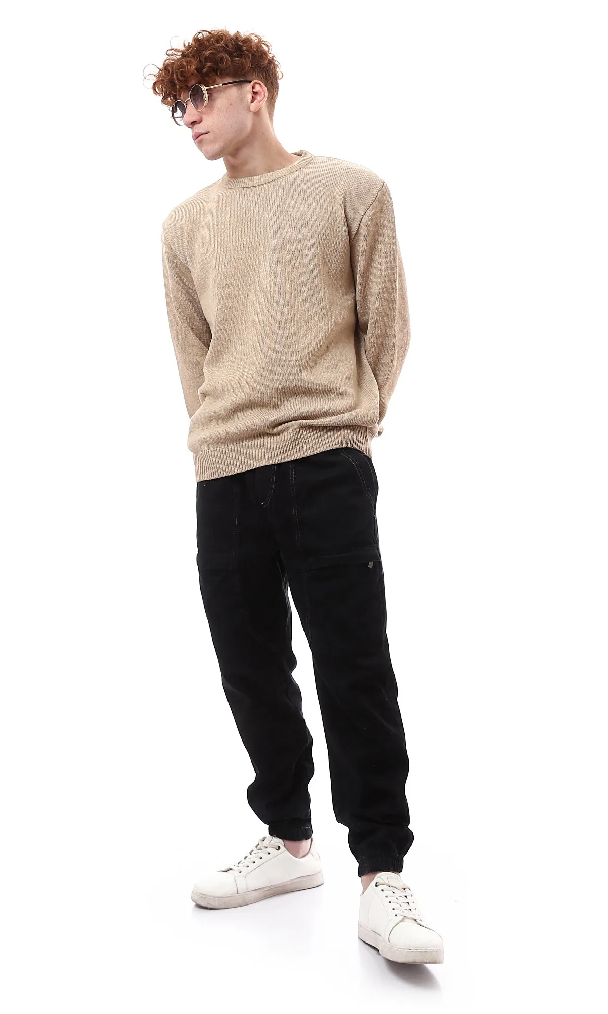 O174205 Ribbed Crew Neck & Hem Dark Beige Pullover