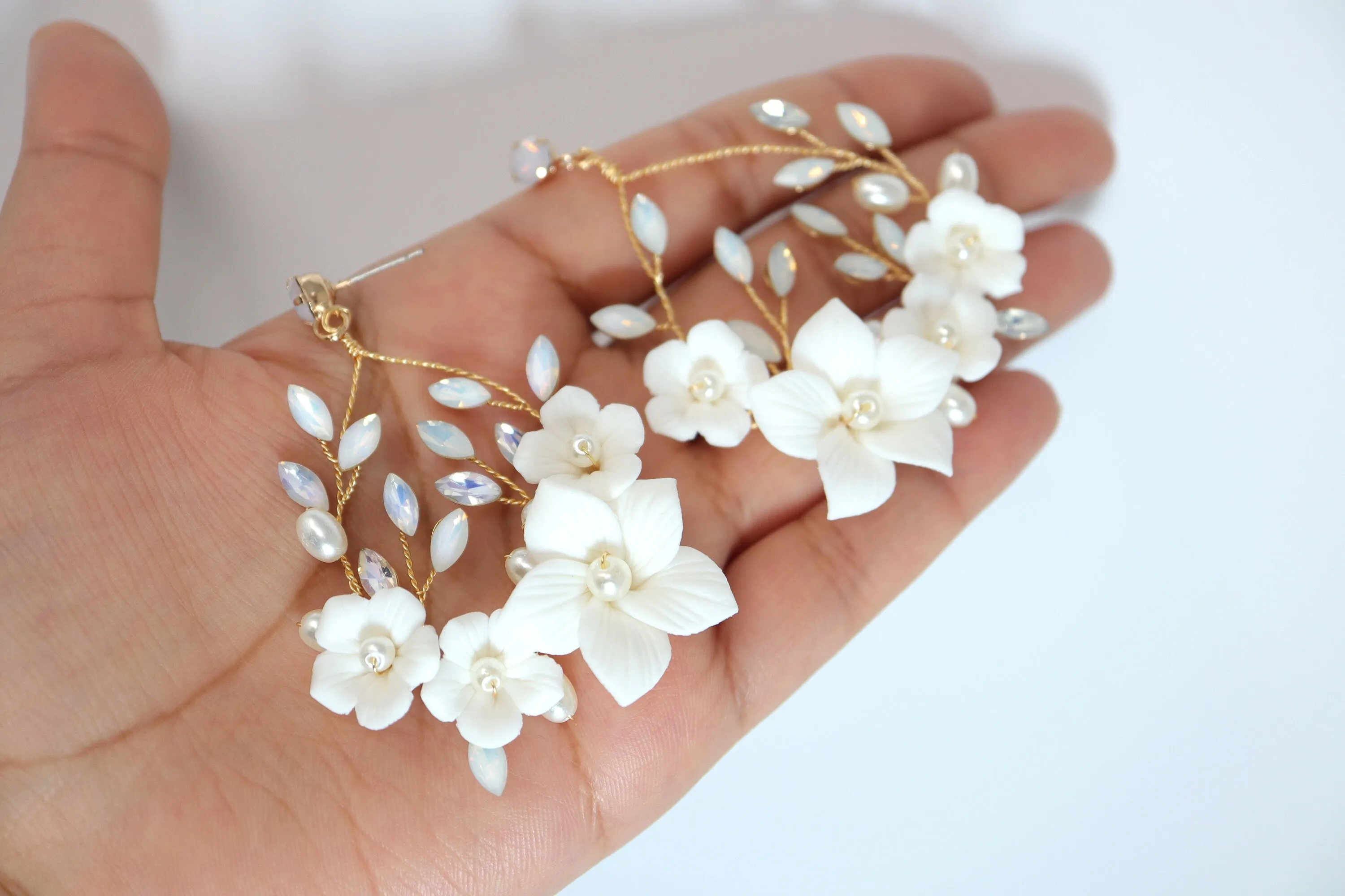 Opulent Crystal Bridal Earrings : Ceramic White Flower Opal Dangle Hoops, Long Bridal Earring, Something Blue Earring.