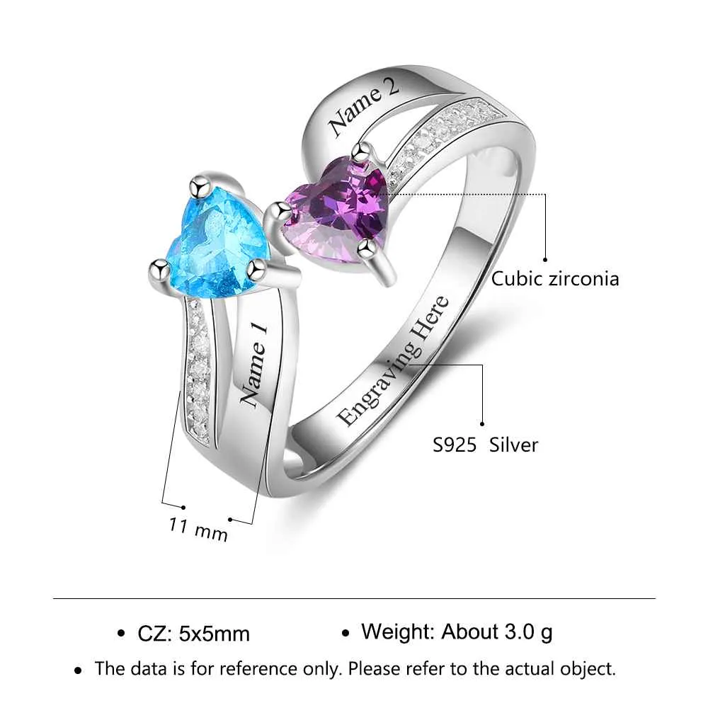 Personalized 2 Heart Birthstone Mother's Ring Tiered Hearts 2 Names