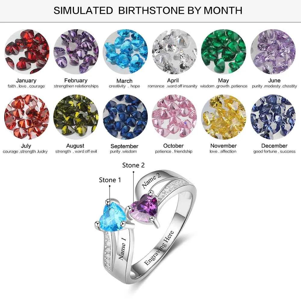 Personalized 2 Heart Birthstone Mother's Ring Tiered Hearts 2 Names