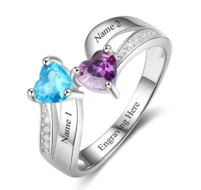 Personalized 2 Heart Birthstone Mother's Ring Tiered Hearts 2 Names