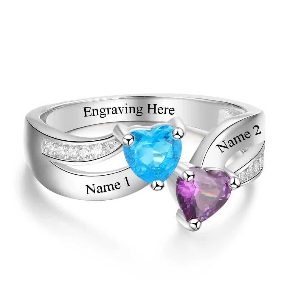 Personalized 2 Heart Birthstone Mother's Ring Tiered Hearts 2 Names