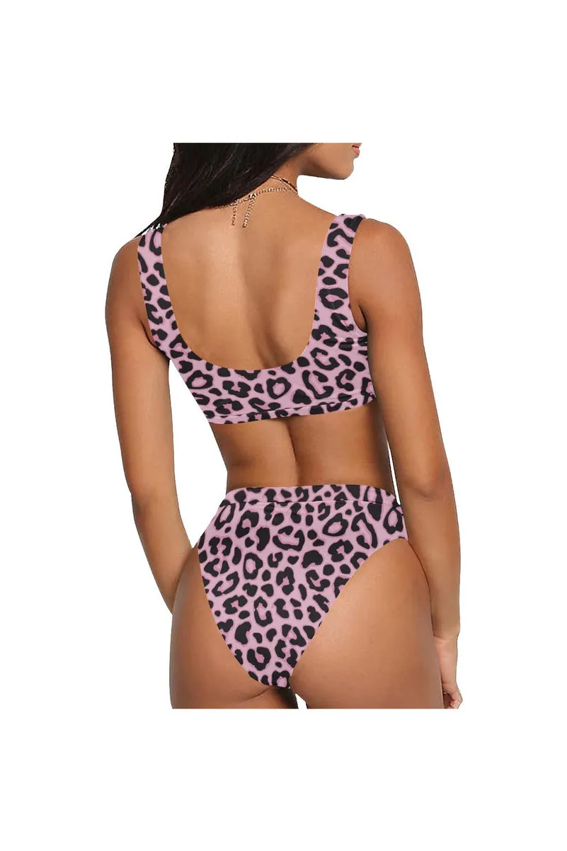 Pink Leopard Print Sport Top & High-Waist Bikini Swimsuit