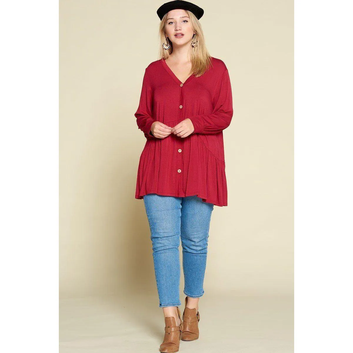 Plus Size Solid Heavy Rayon Modal Jersey Faux Button Up