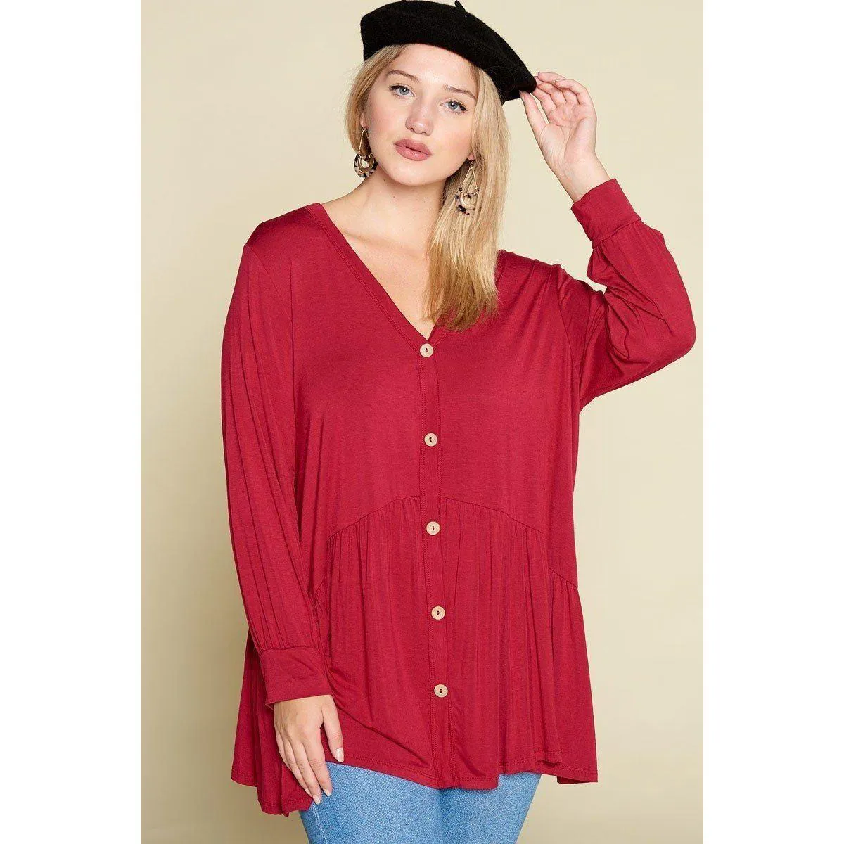 Plus Size Solid Heavy Rayon Modal Jersey Faux Button Up