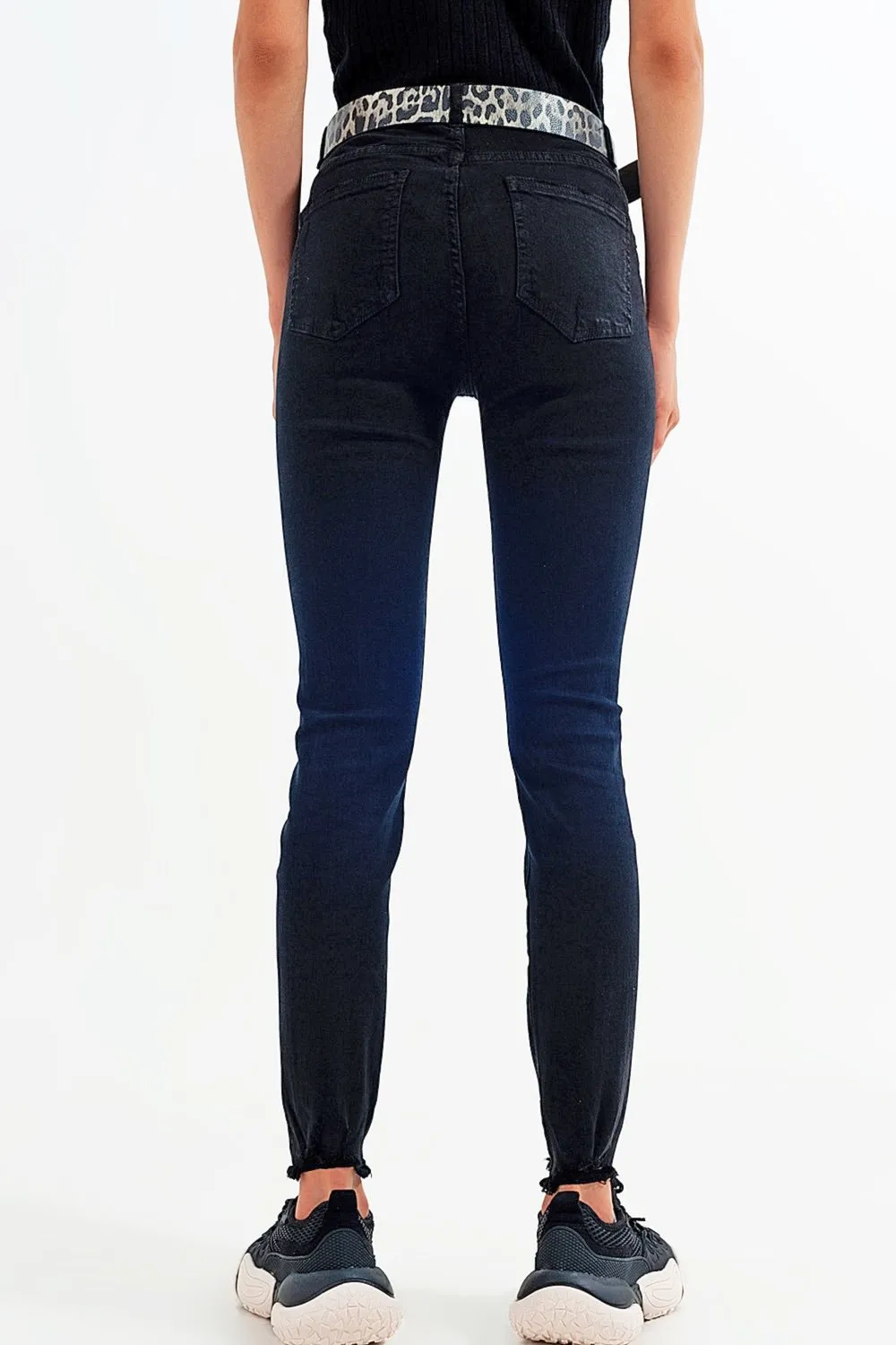 Q2 Black Jagged Hem Skinny Stretch Jeans