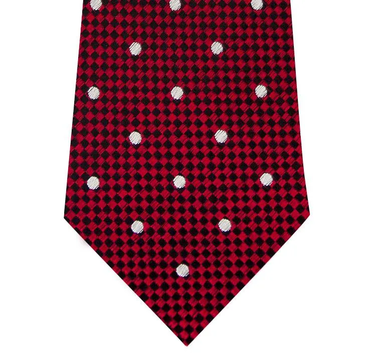 Red and White Polka Dot Silk Tie with Check Background