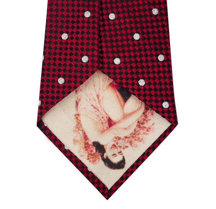 Red and White Polka Dot Silk Tie with Check Background