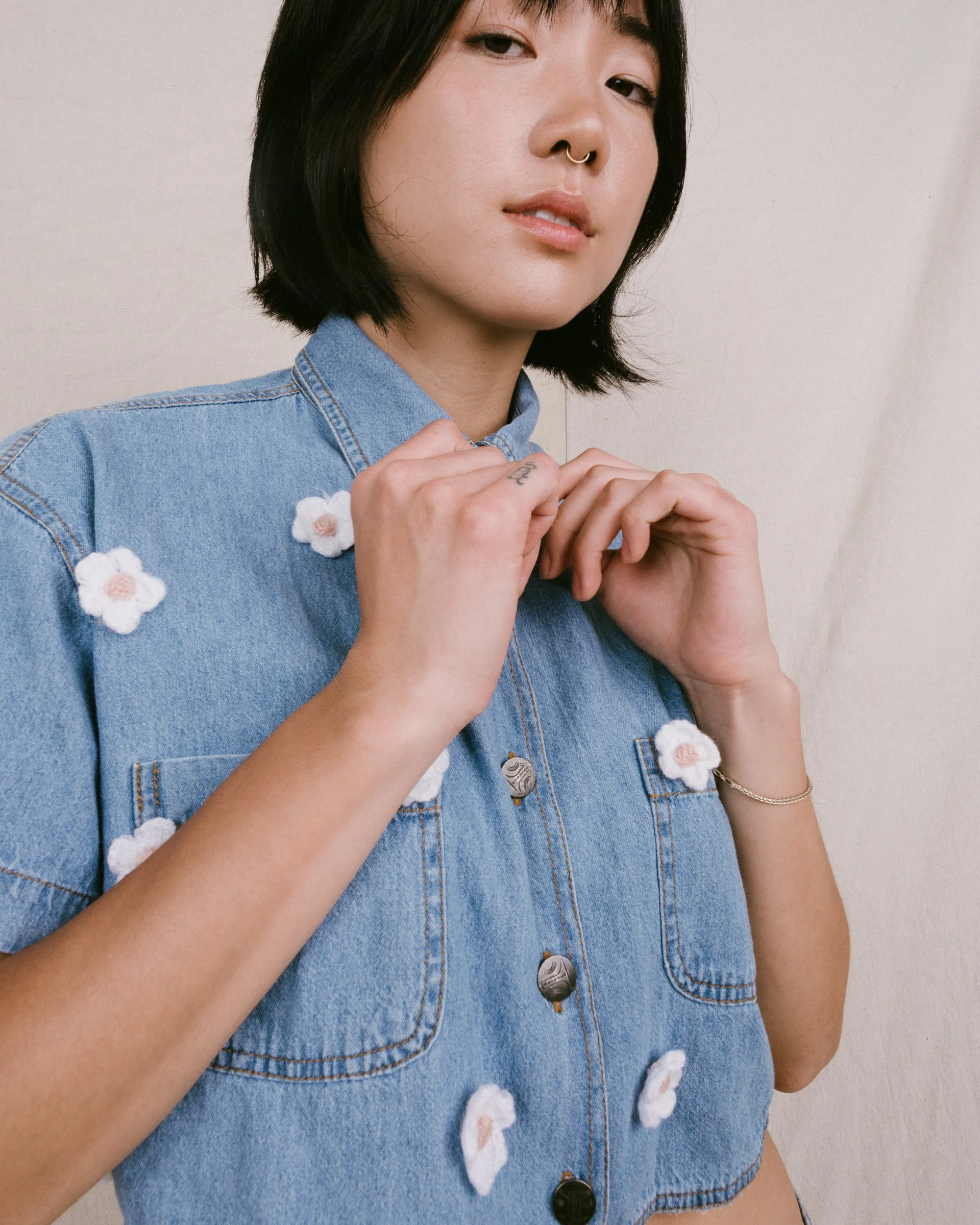 Remade Vintage Flower Denim Top