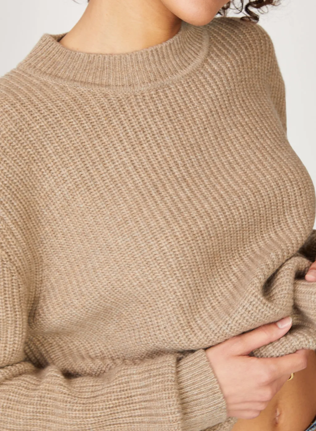 Ribbed Cashmere Tall Collar Sweater in Camel