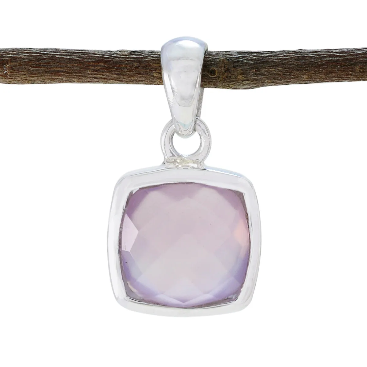 Riyo Fanciable Gems Cushion Checker Pink Rose Quartz Solid Silver Pendant Gift For Anniversary