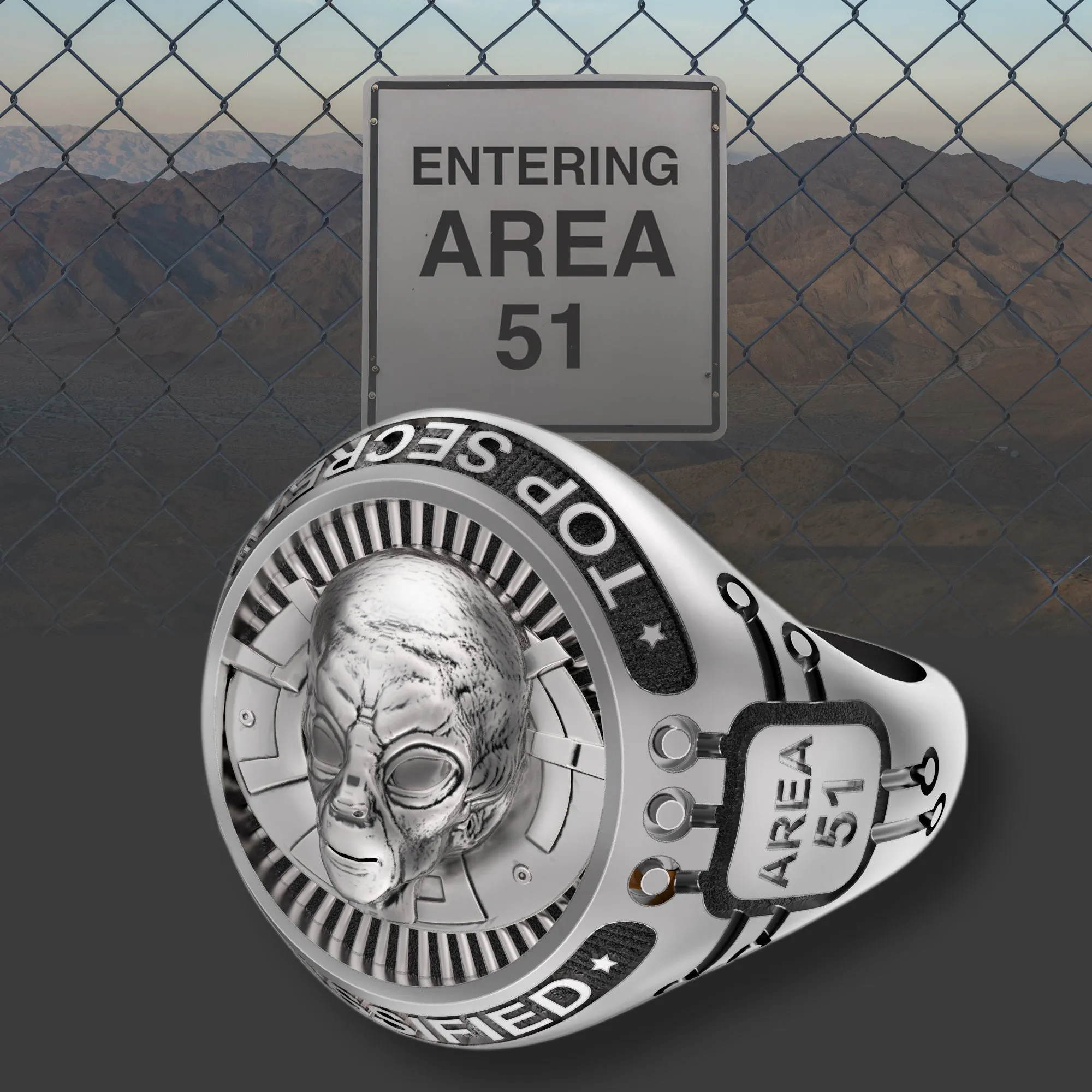 Roswell Incident 75th anniversary gift, UFO Alien Area 51, Mens Signet Ring