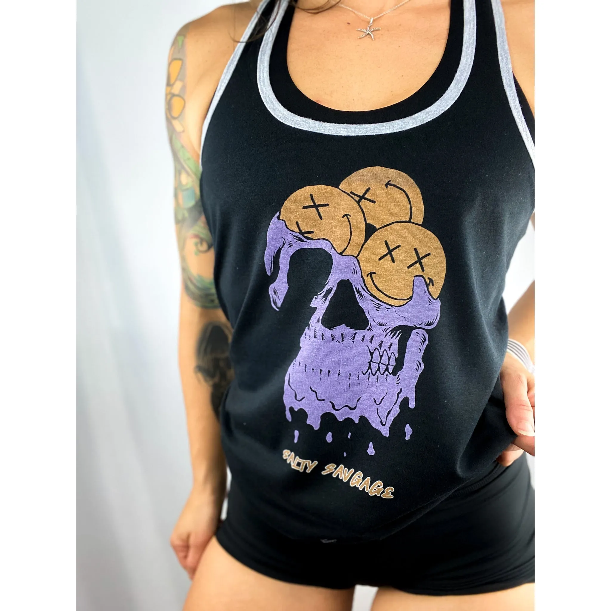 Salty Savage Ladies "Happy Thoughts" Two Tone Racerback Tank | Black/Gray/Purple