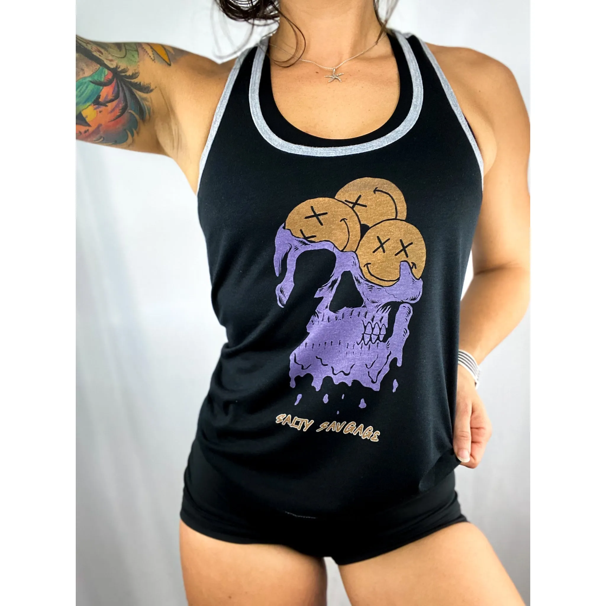 Salty Savage Ladies "Happy Thoughts" Two Tone Racerback Tank | Black/Gray/Purple