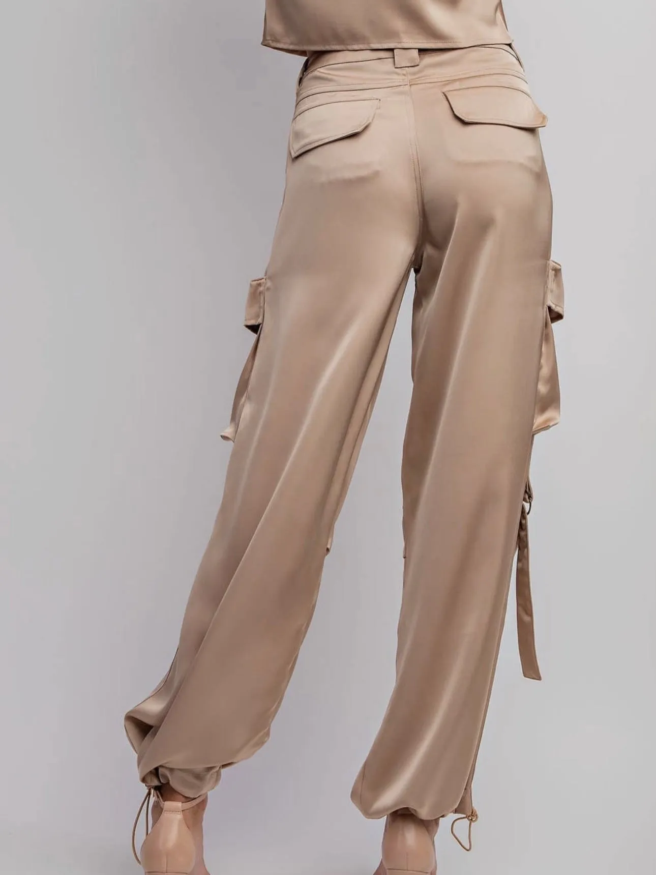 Satin Cargo Pants with Drawstring Hem | Nude