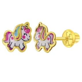 Simply Unicorn 14k Gold Plated Baby Children Screw Back Earrings