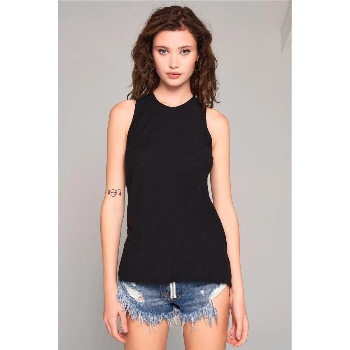 Sleeveless Crew Neck Cut-out Back Detail Longline Top