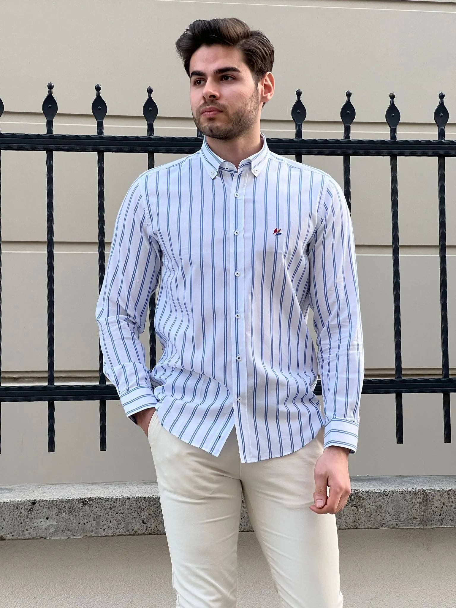 Slim Fit Striped Cotton White & Blue Shirt