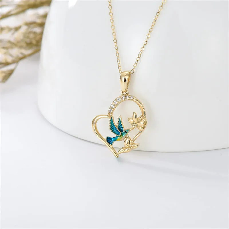 Solid 14K Gold Hummingbird Necklaces for Women Gold Hummingbird Heart Pendant Bird Necklace 16''-18