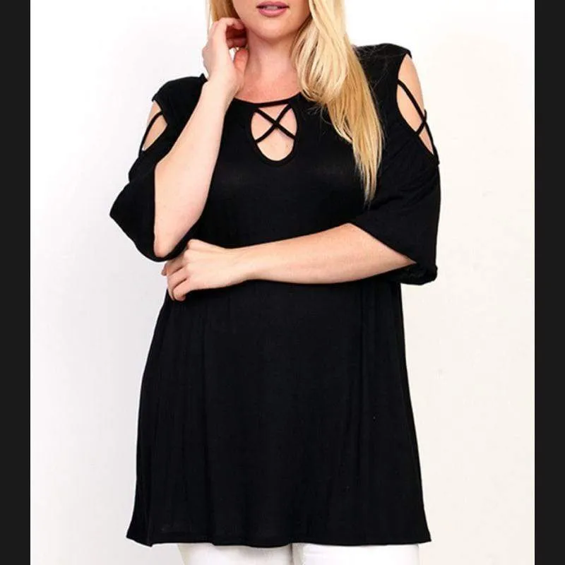 Solid Cutout With Crisscross Detail Tunic Top Black