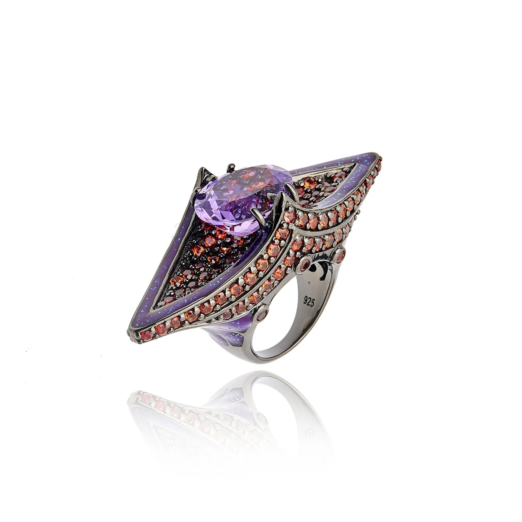 Sterling Silver Statement Ring with Light Purple Glitter Enamel, Red Sapphires & Amethyst