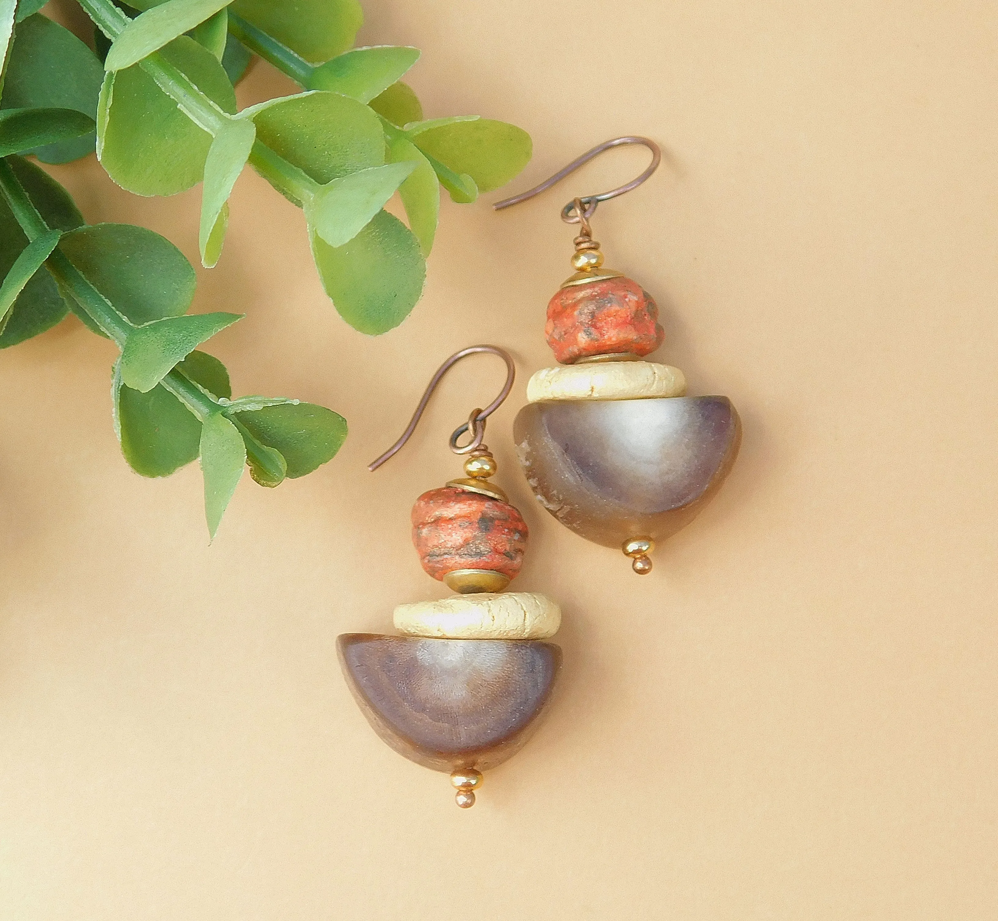 Stoneware Clay Semicircle Bead Earrings