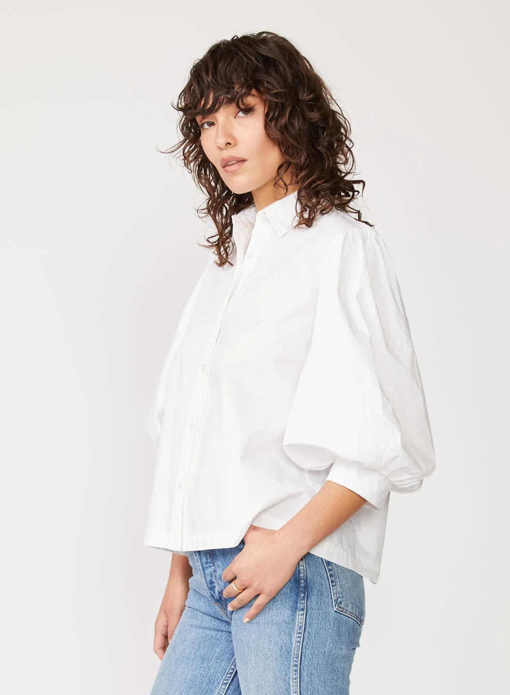 Structured Poplin Puff Sleeve Shirt in White