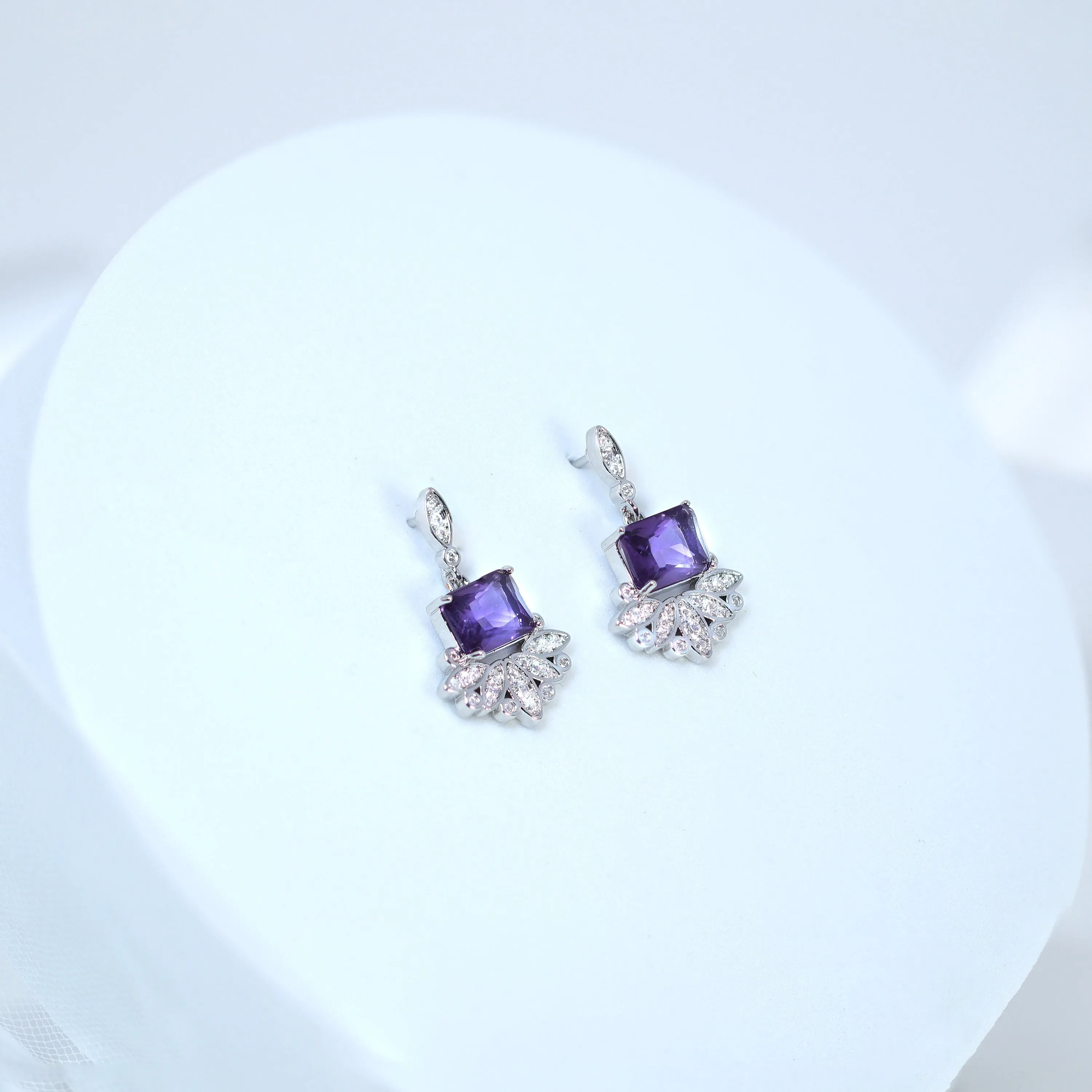 Swarovski Crystal Flower Drop With Purple Accent Dainty Earrings, Bridal Jewelry, Crystal Bridal Earrings, Statement Earrings Cz