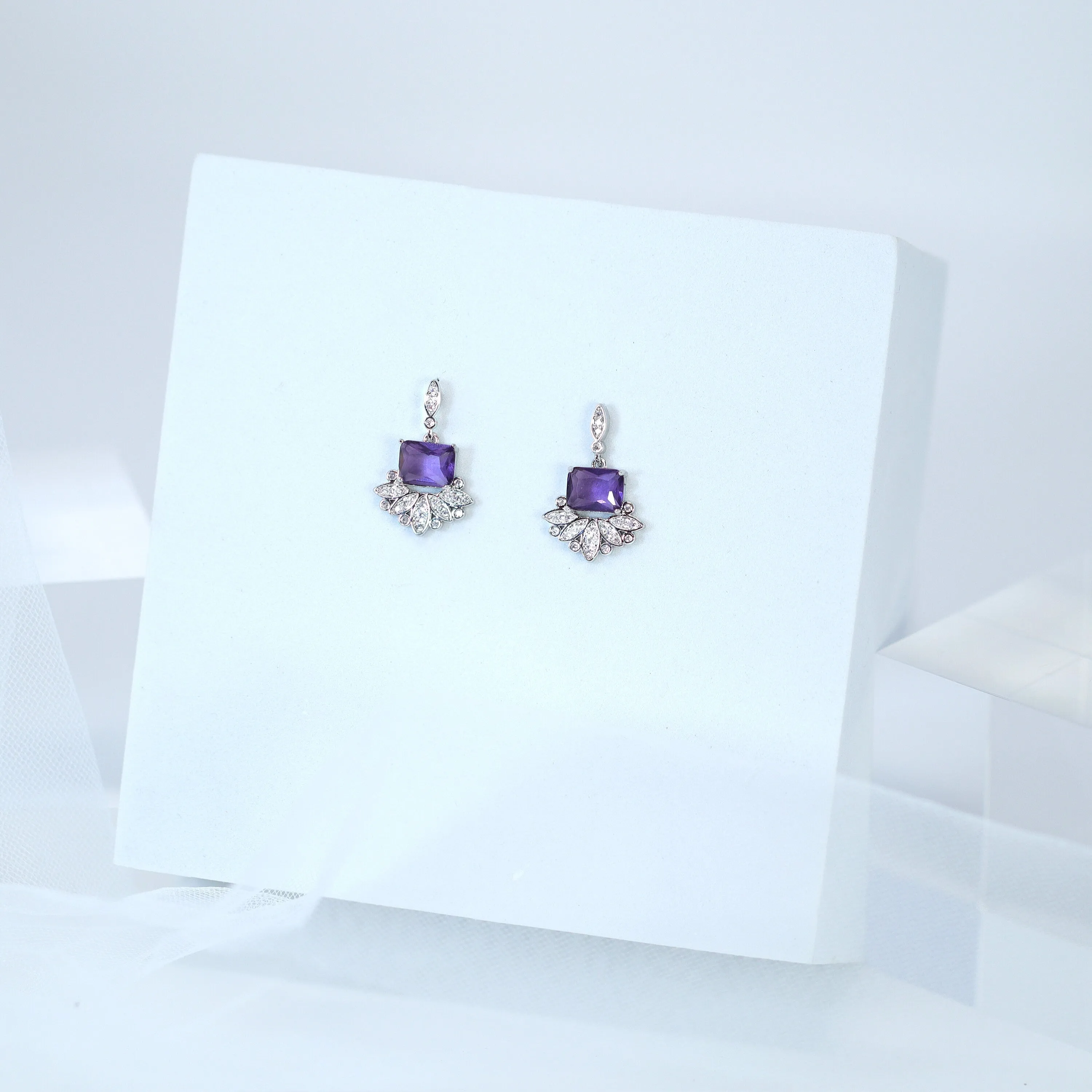 Swarovski Crystal Flower Drop With Purple Accent Dainty Earrings, Bridal Jewelry, Crystal Bridal Earrings, Statement Earrings Cz