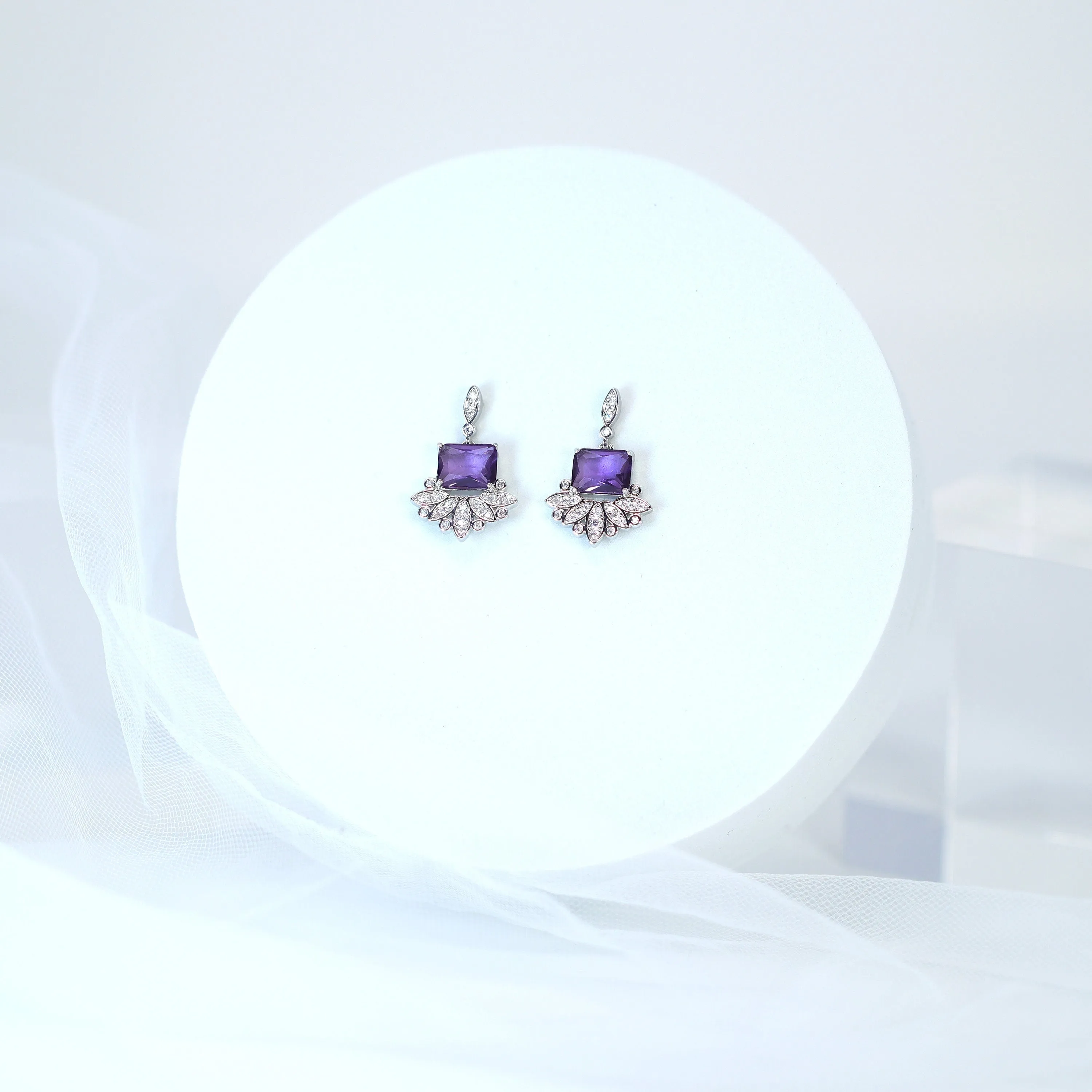 Swarovski Crystal Flower Drop With Purple Accent Dainty Earrings, Bridal Jewelry, Crystal Bridal Earrings, Statement Earrings Cz