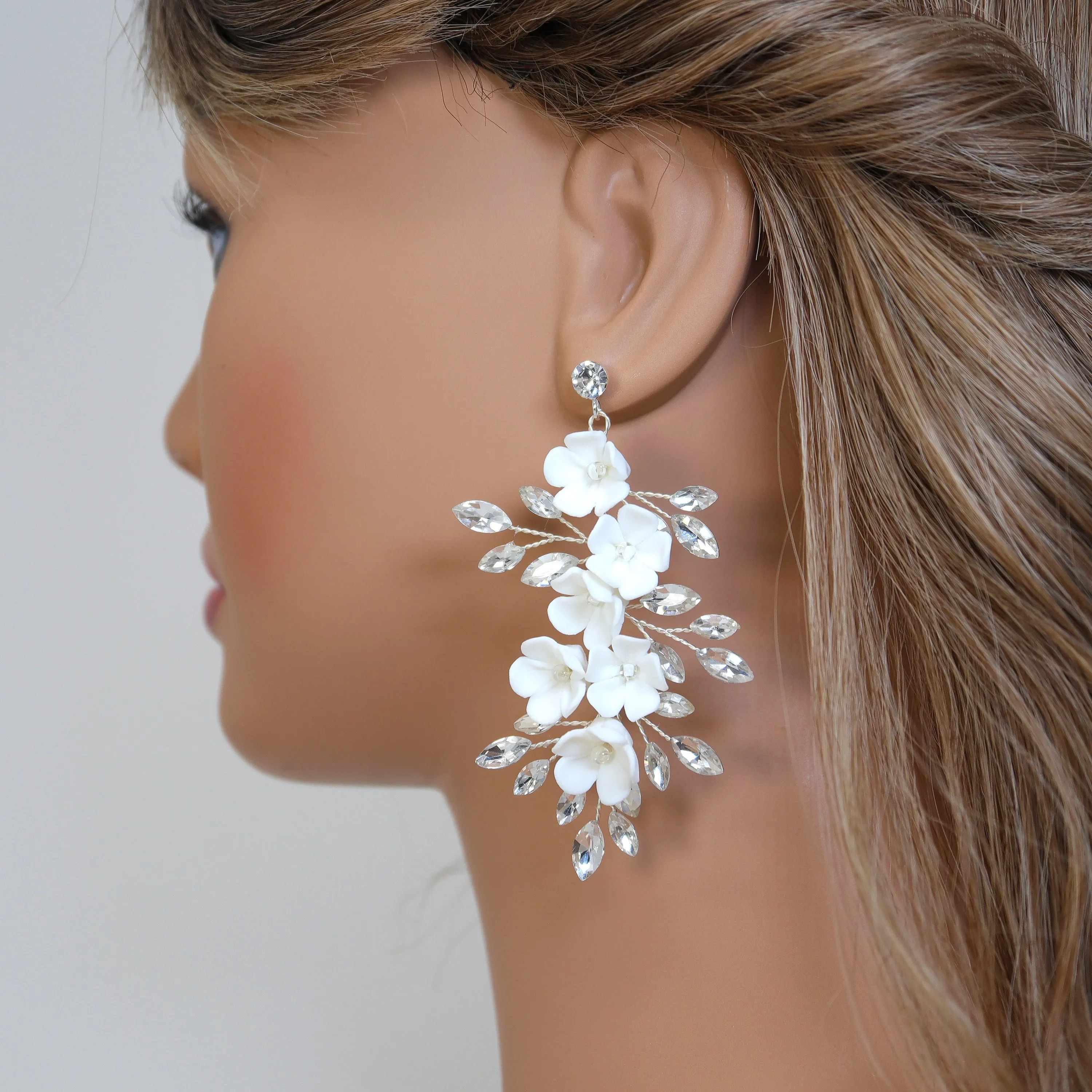 Swarovski Crystal Porcelain White Floral Dreams Vine Leaves Earring Long Bridal Jewelry Opal Bridal Earrings Opal Statement Earrings