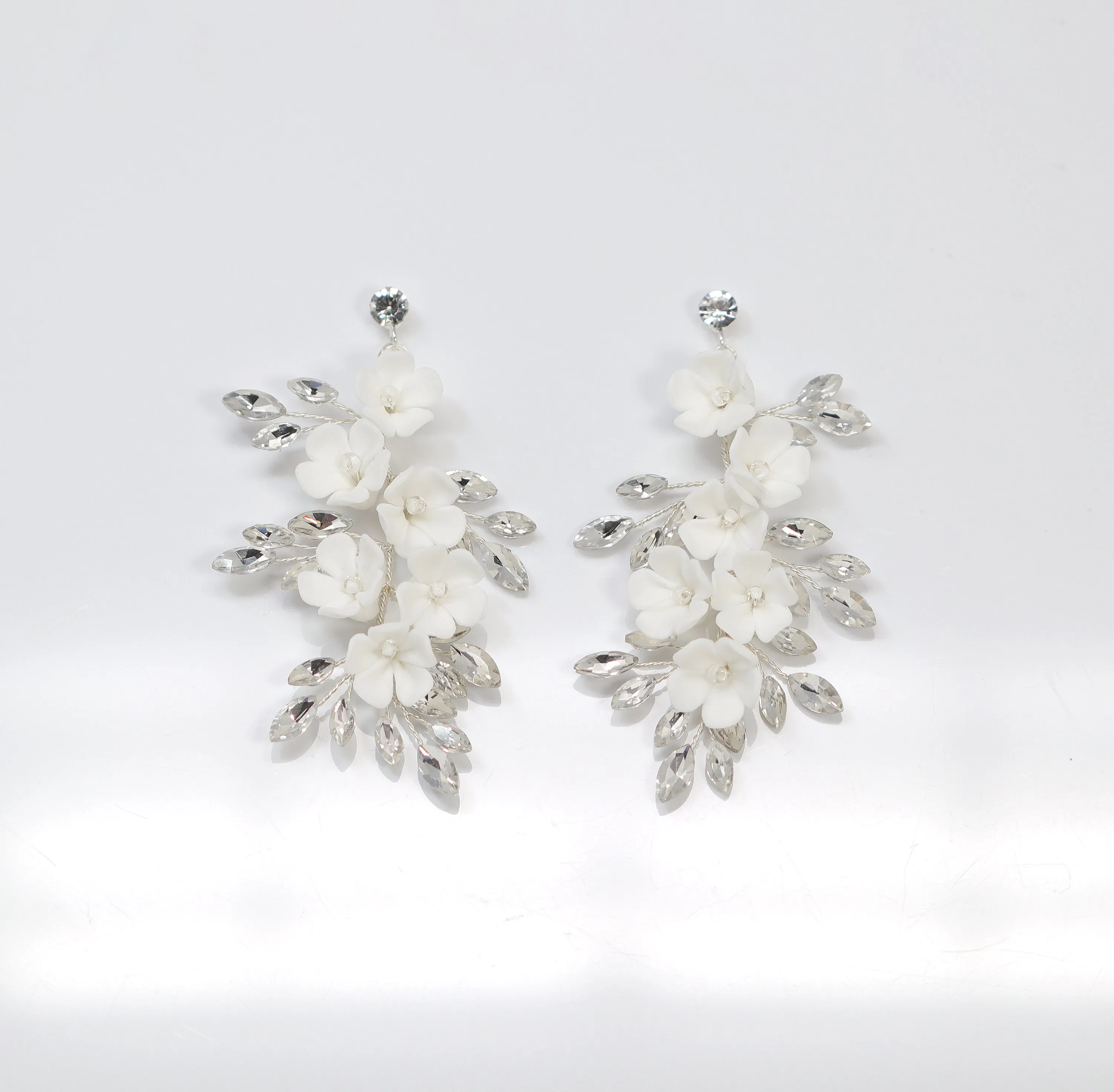 Swarovski Crystal Porcelain White Floral Dreams Vine Leaves Earring Long Bridal Jewelry Opal Bridal Earrings Opal Statement Earrings