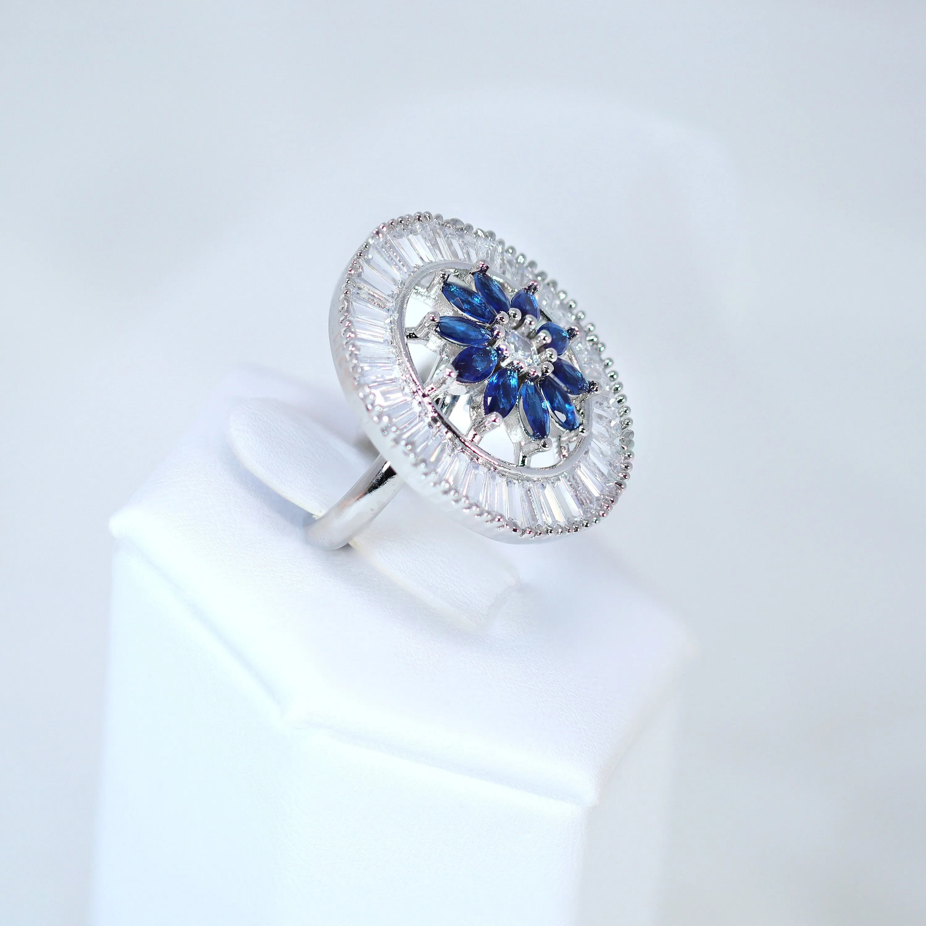 Swarovski Crystal Silver Blue Floral Large Statement Ring, Engagement Ring, Promise Ring For a Friend, Friendship ring.