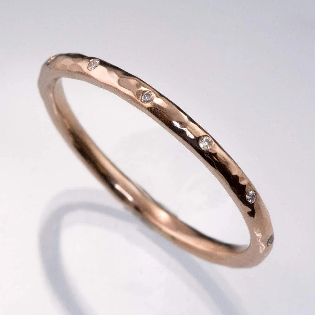 Thin Diamond Wedding Ring Skinny Hammered Texture Gold Wedding Band