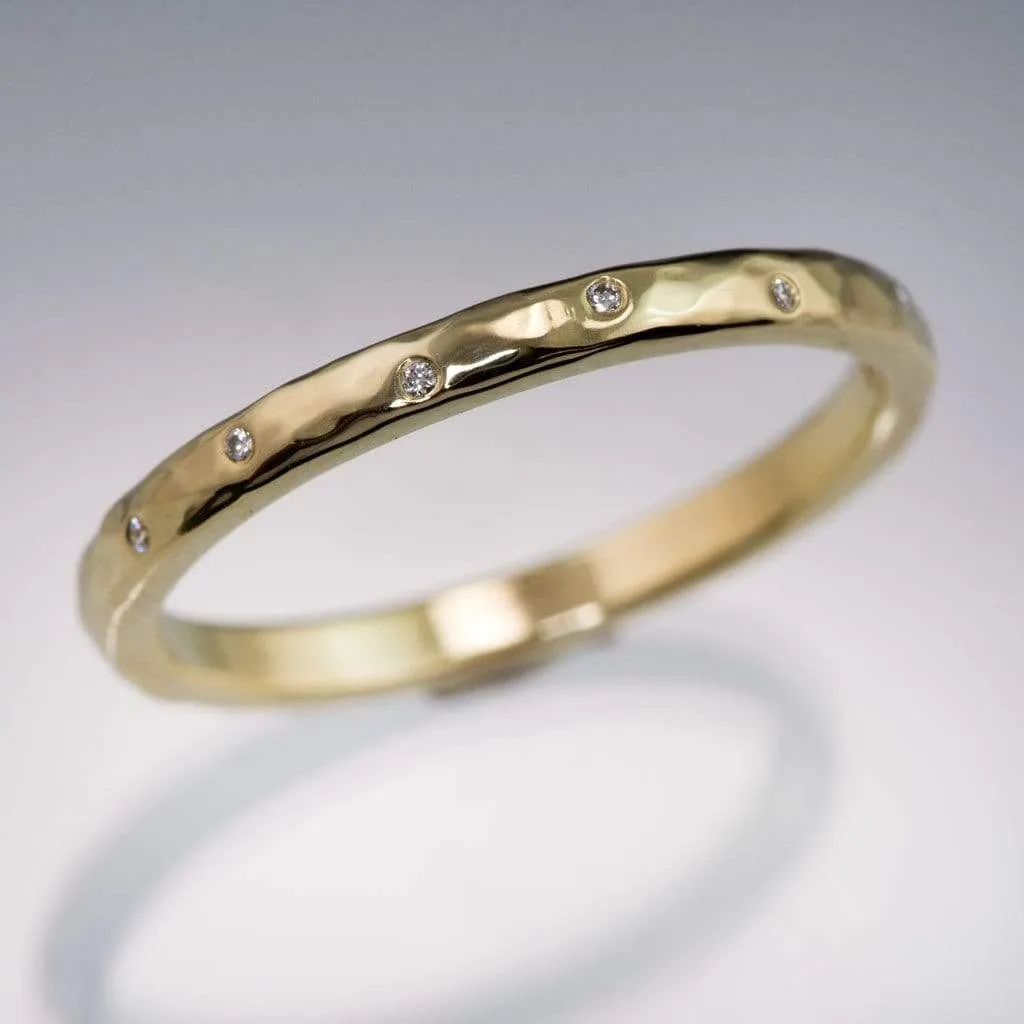 Thin Diamond Wedding Ring Skinny Hammered Texture Gold Wedding Band