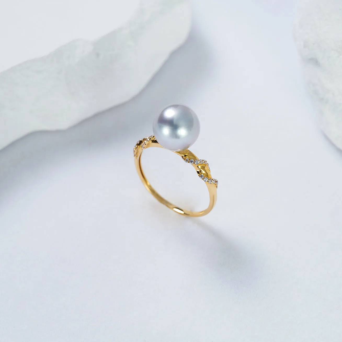 Top Grade Japan Silver Blue Akoya Pearl 18K Solid Gold Ring KR00079