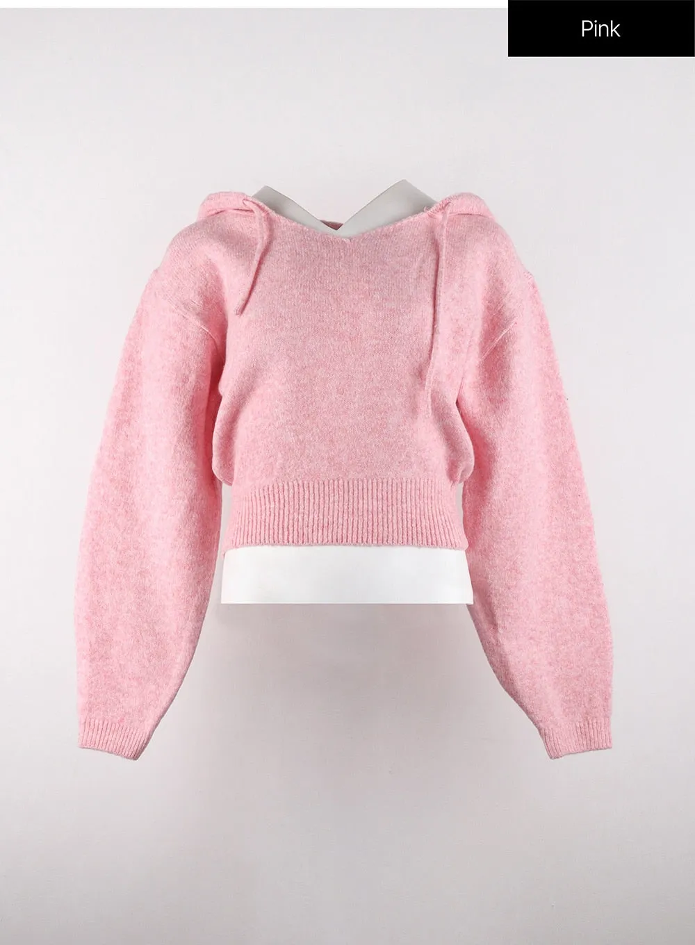 V-Neckline Solid Drawstring Knit Hoodie OD320