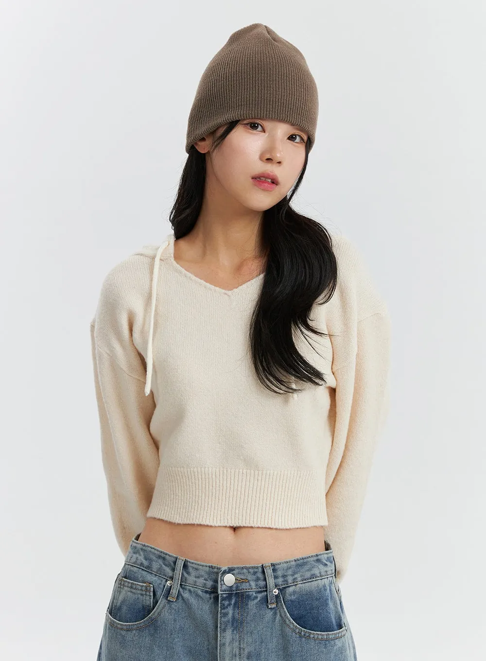 V-Neckline Solid Drawstring Knit Hoodie OD320