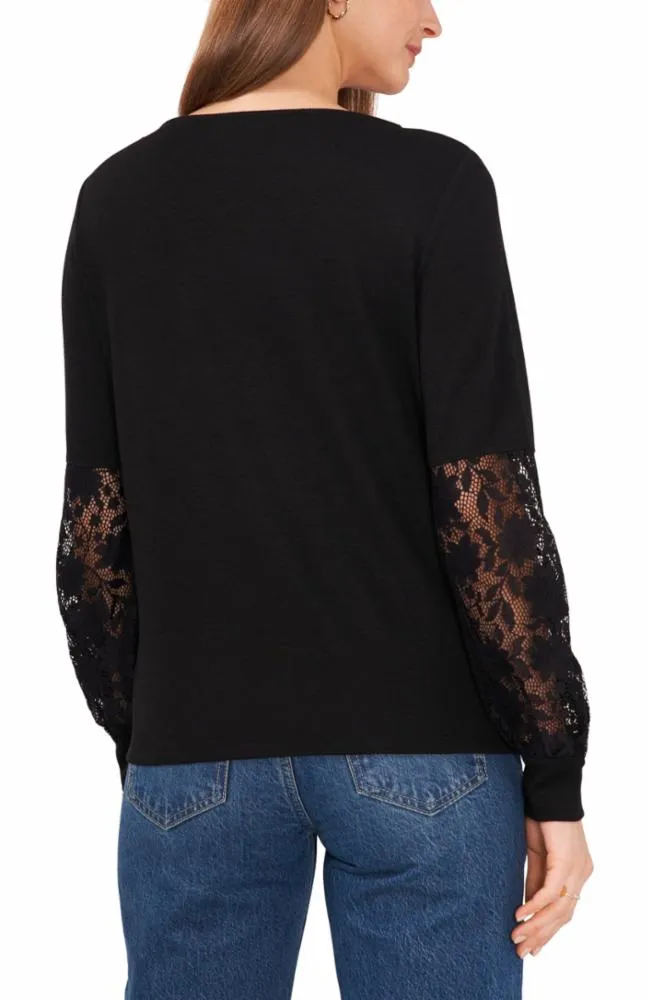 Vince Camuto Apparel BOAT NECK LACE SLEEVE TOP 060/RICH BLACK VC