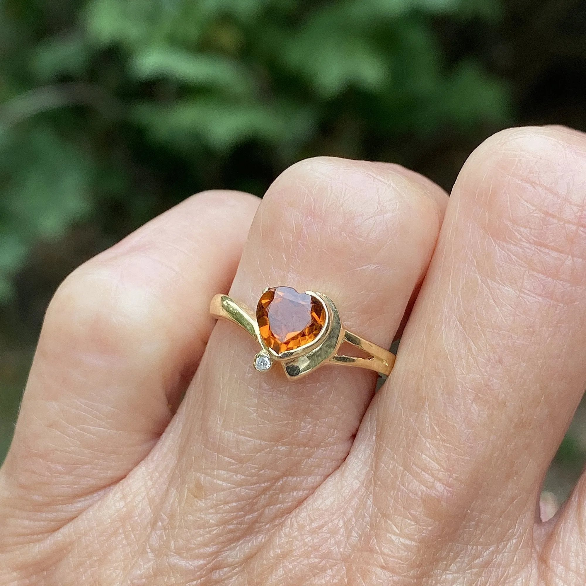 Vintage 14K Gold Diamond Heart Shape Citrine Ring