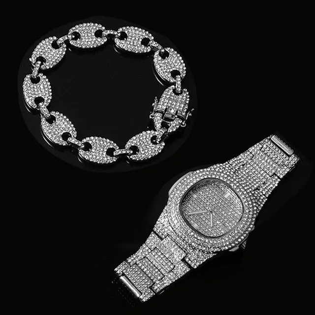 Watch  Chain Bracelet Iced Out Alloy Rhinestone Bling Chain Set for Men