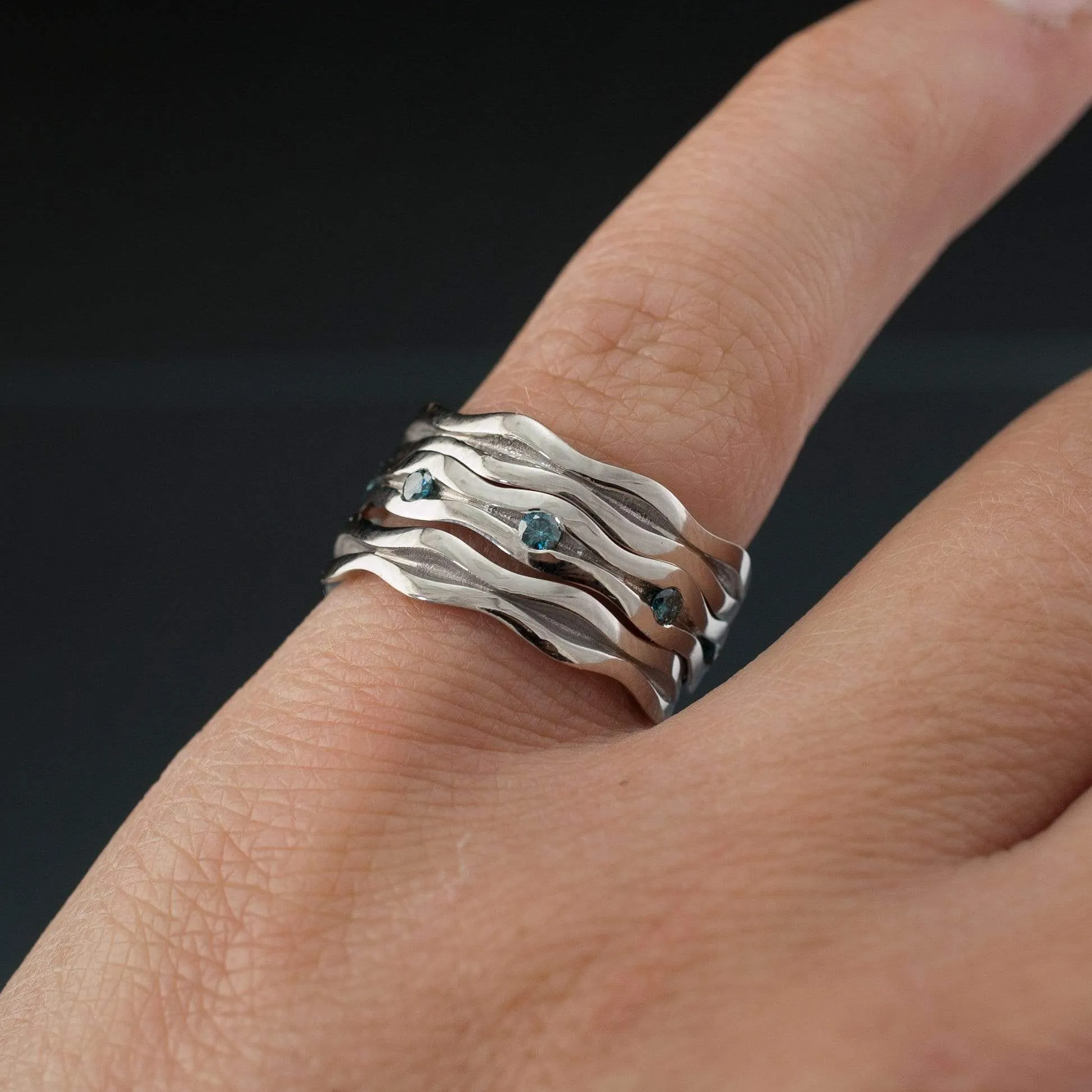 Wave Teal Blue Diamond Eternity Wedding Ring