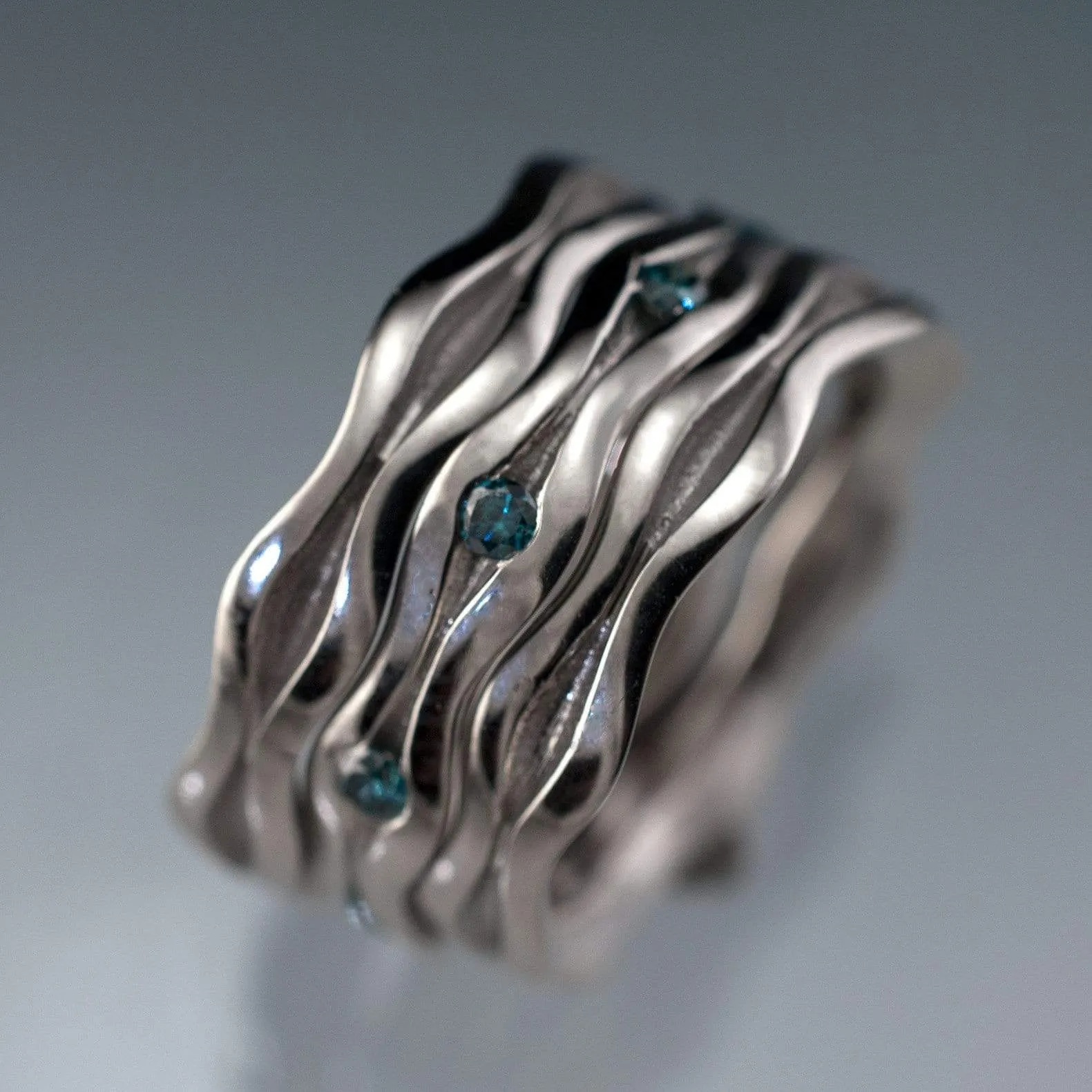 Wave Teal Blue Diamond Eternity Wedding Ring