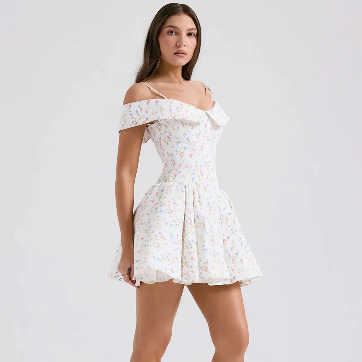 White Posy Print Corset Mini Dress