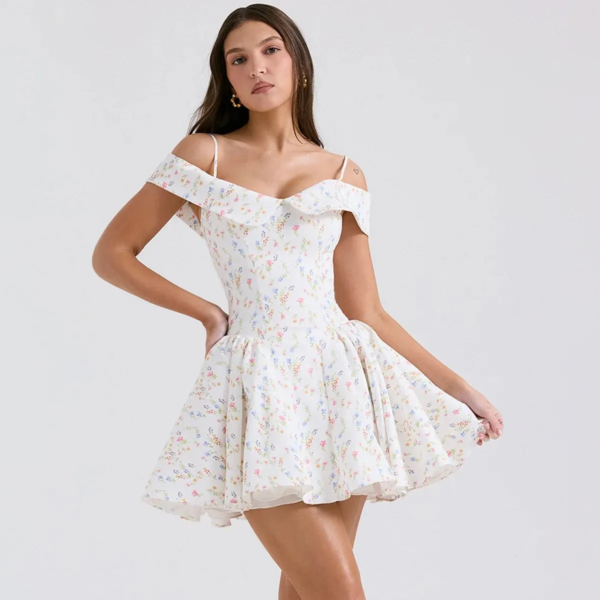 White Posy Print Corset Mini Dress