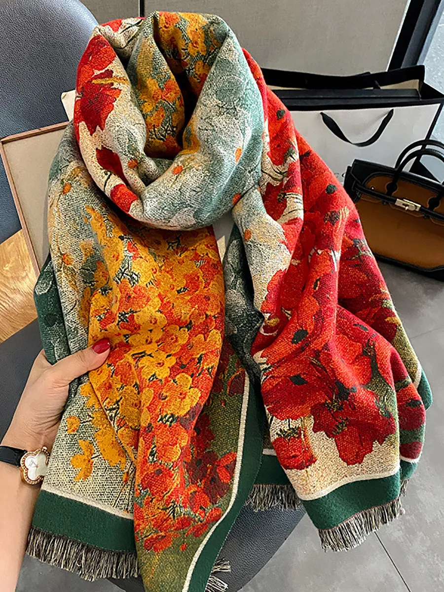 Women Artsy Winter Flower Oil-print Scarf Shawl