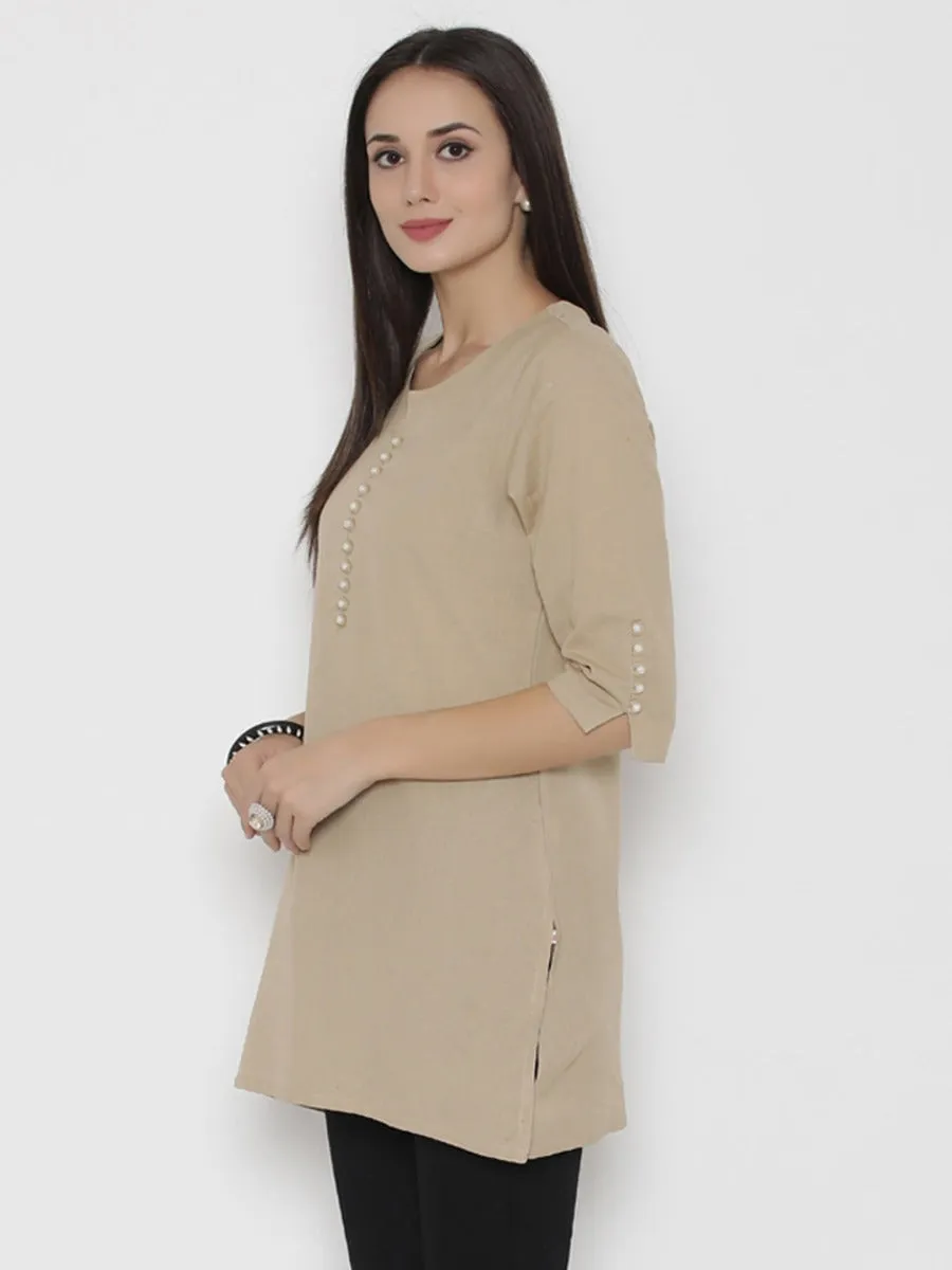 Women Beige Round Neck Solid Tunic